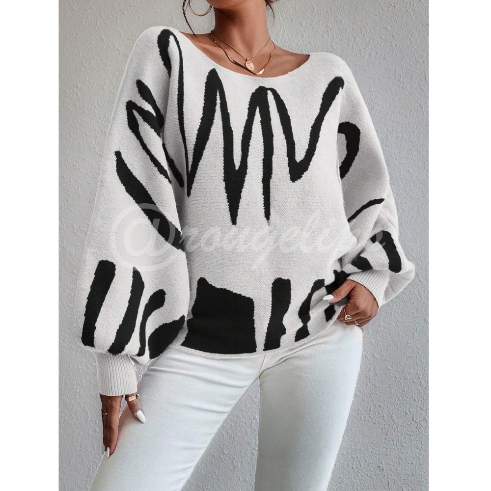 Knit Graphic Pullover Sweater Bishop Sleeve Stretchy Boat Neck - Picture 5 of 8